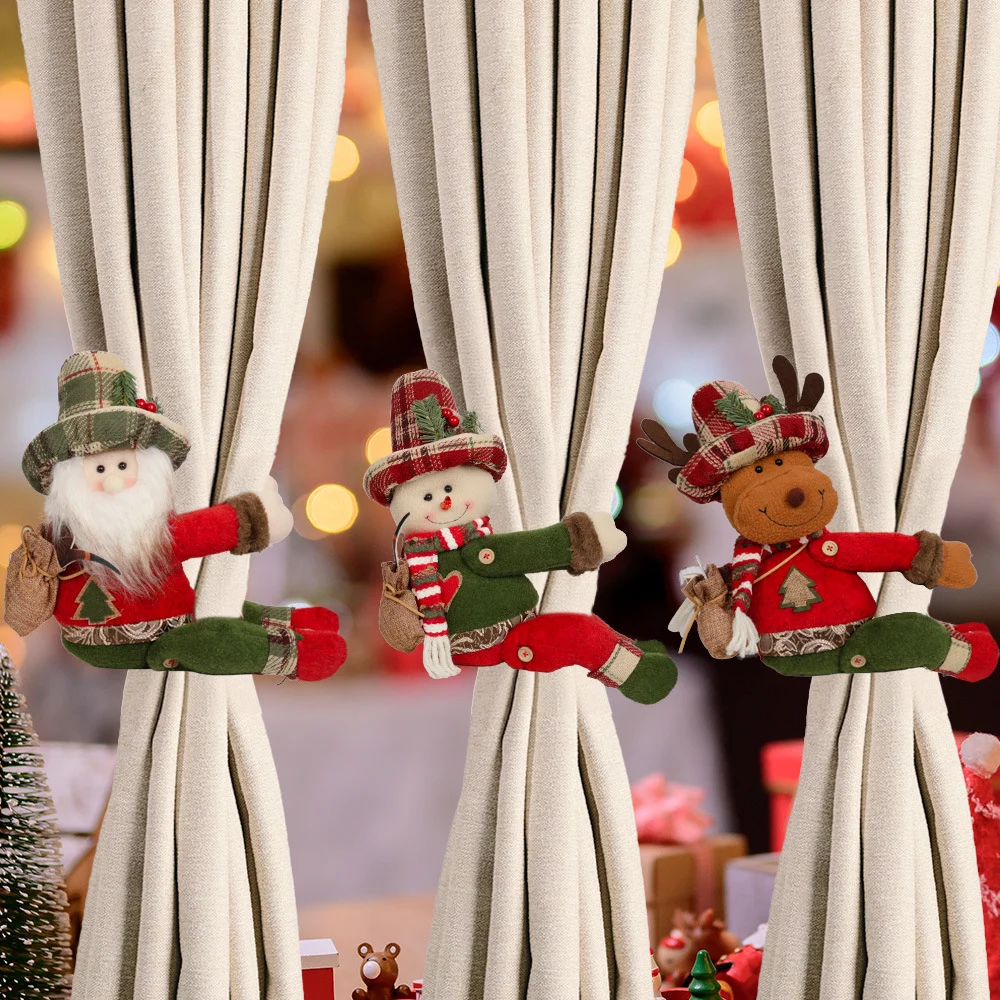 Christmas curtain buckle cartoon linen figure decorated with plush doll curtain hug
