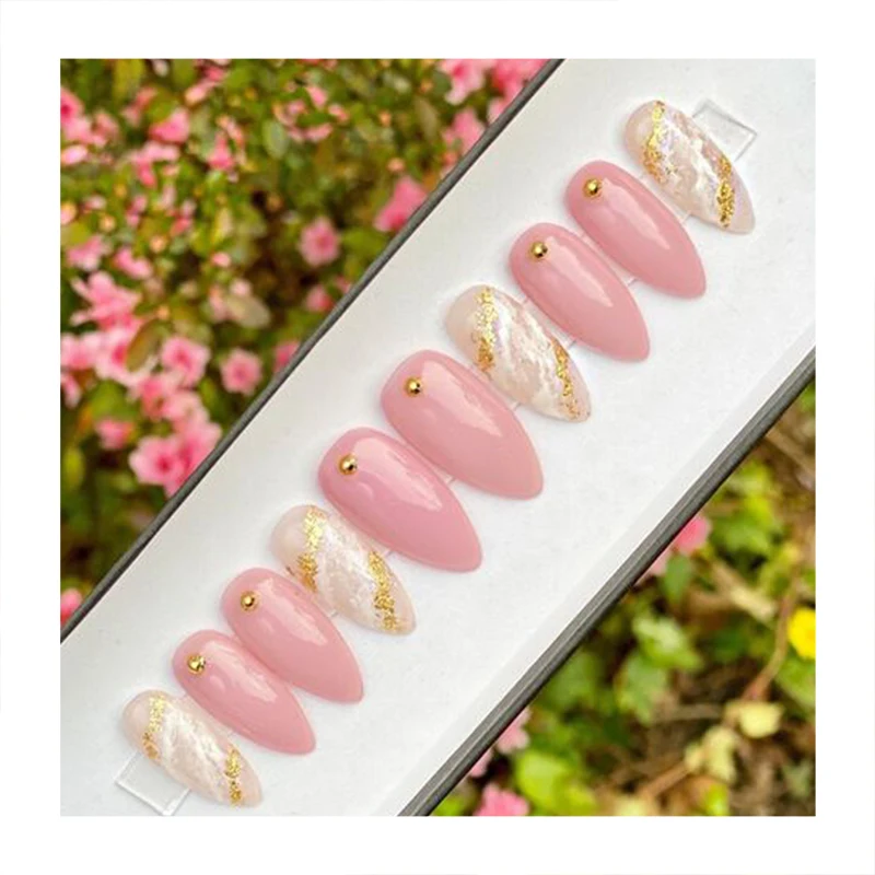 New Technology Private Label 24Pcs Chrome Long Almond False Nails Press On Designed Pink Handmade French Gel Press On Nails