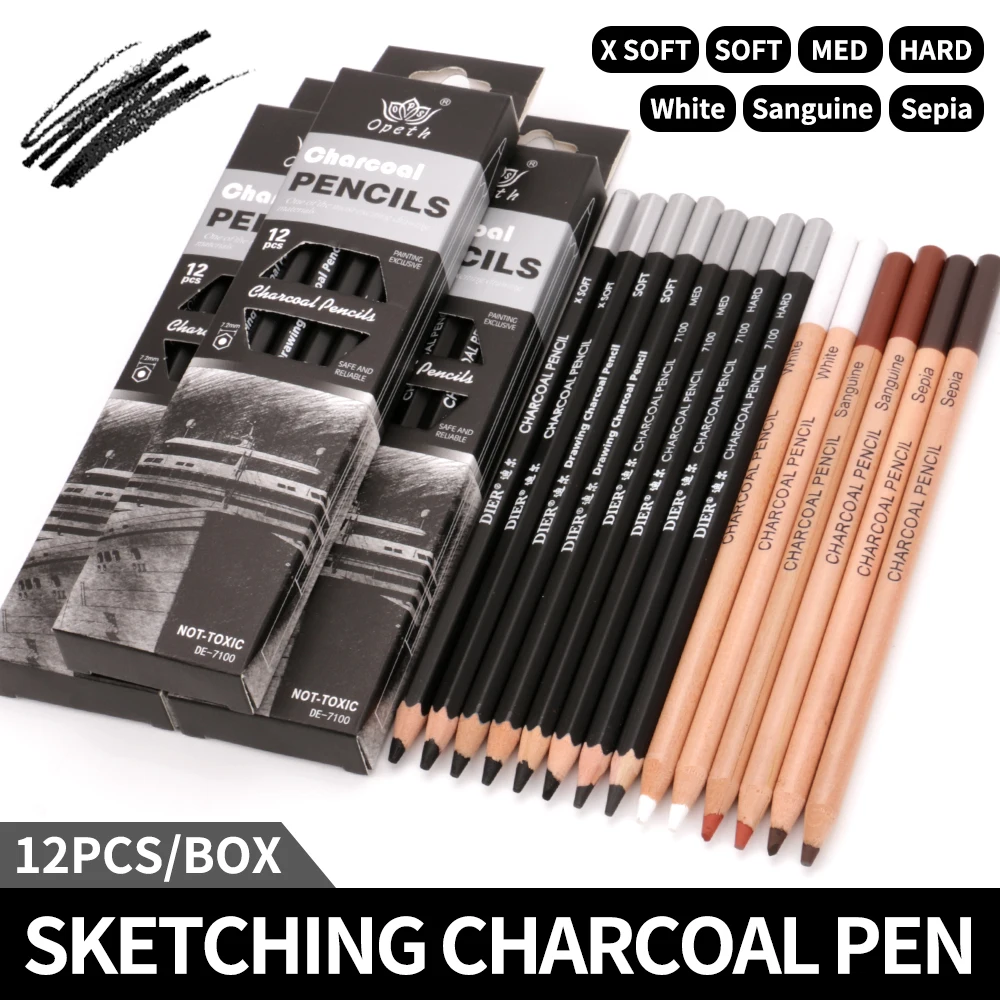 Opeth Charcoal Pencil 12pcs/box Professional XSoft/Soft/Hard/MED Non-toxic Black Sketch Drawing Pencils Set