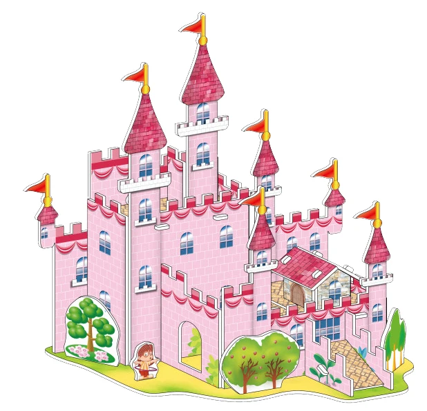 Unisex 3D Pink Castle Country Valley Strategic Jigsaw Puzzle Educational DIY Cartoon Toy for Kids Aged 5-7 Paper Game