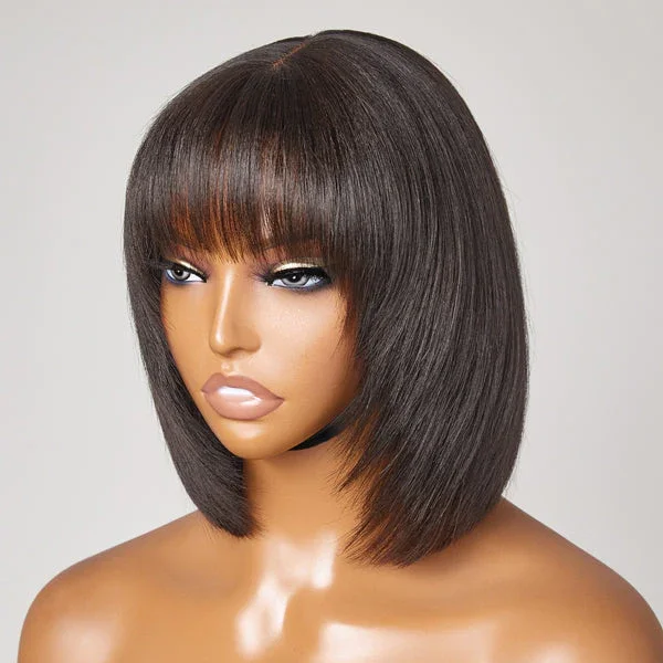 Highlight Brown Light Yaki Straight Bob 13X4 Lace Front Wigs with Bangs, 99J Natural Black Human Hair Wig with Fringe
