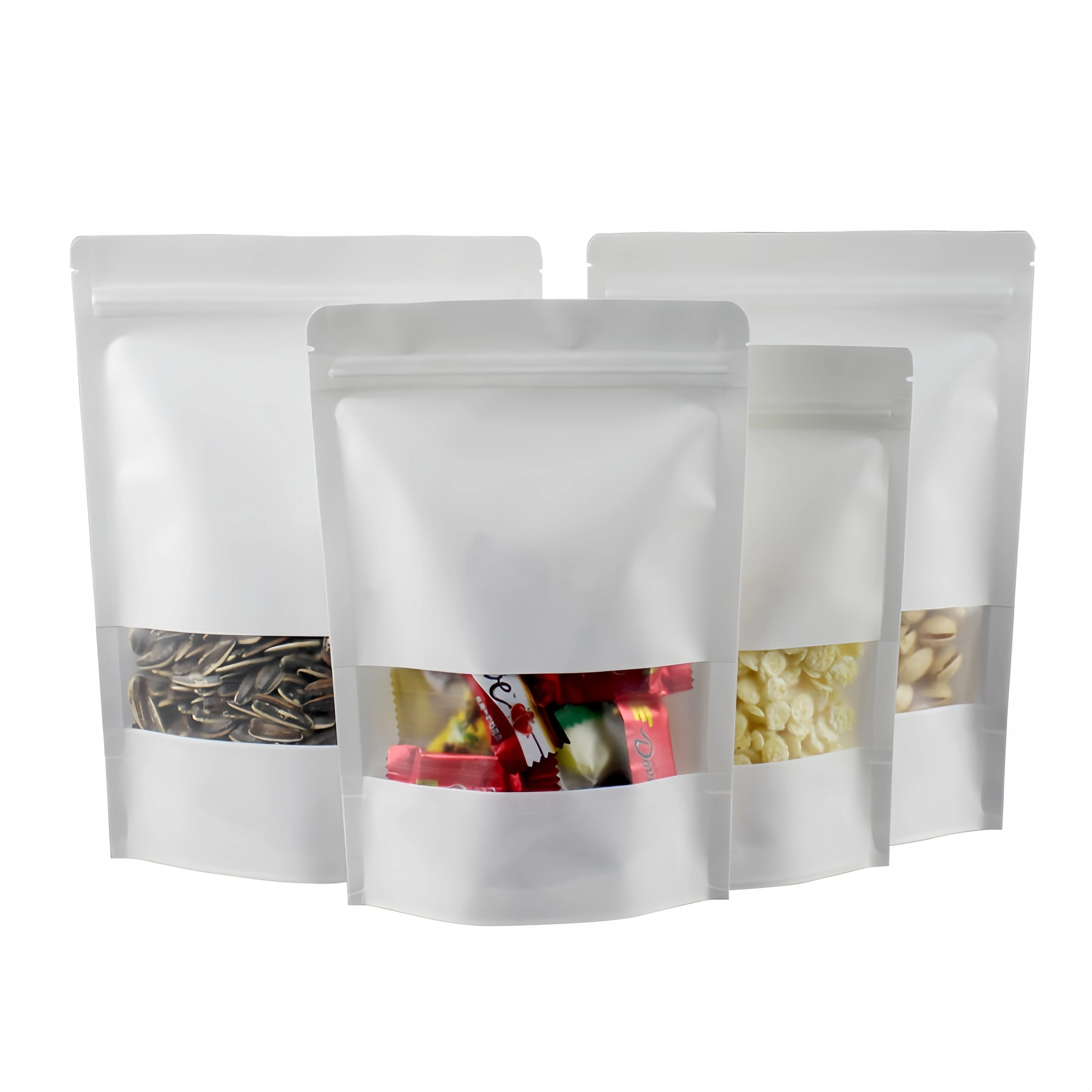 In stock Stand Up White Kraft Paper Resealable Ziplock Plain Heat Sealable Food Packaging Doypack Pouches Bags With Window