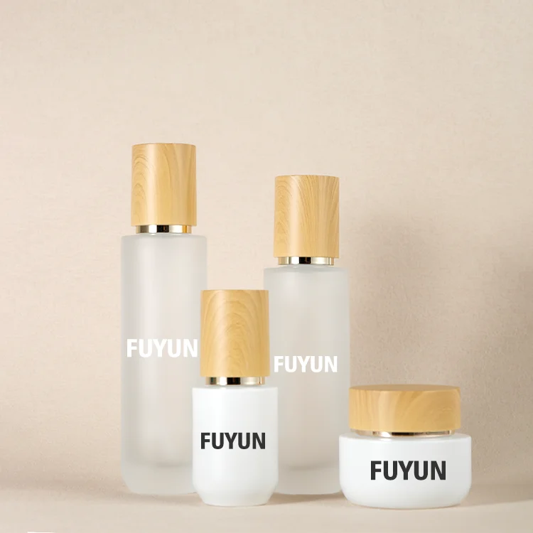 Fuyun Hot Sell 50g 30ml 100ml 120ml Wood grain lid Makeup Travel Glass Bottle set for skincare face cream lotion bottle