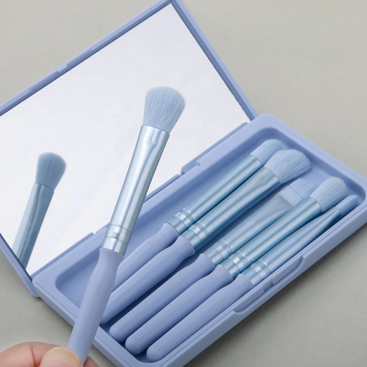 6 Pieces Eyeshadow Concealer Liner Lip Blue Wood Eye Brow Cute Designer Vegan Wholesale Pink Brushes For Make Up With Mirror Box