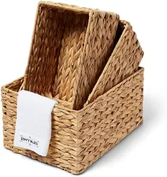 Eco Friendly Rectangular Water Hyacinth Woven Storage Baskets Panier For Organizing Straw Rope Woven Storage Baskets Set Of 3