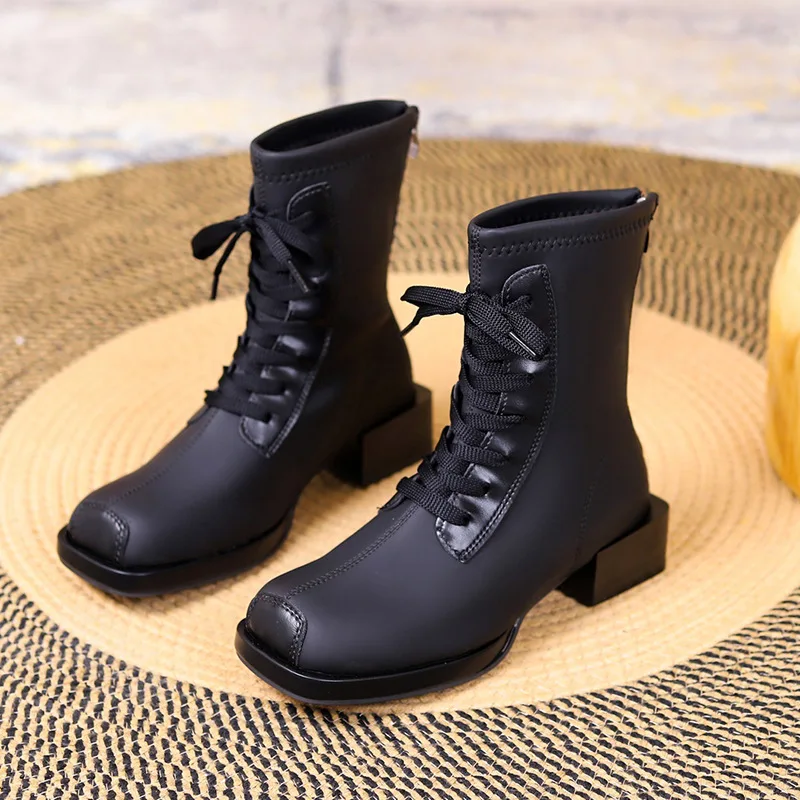 2024 New Spring and Autumn Martin Boots for Women Retro, Thick Heel, Small and Thin, Versatile Bare Boots