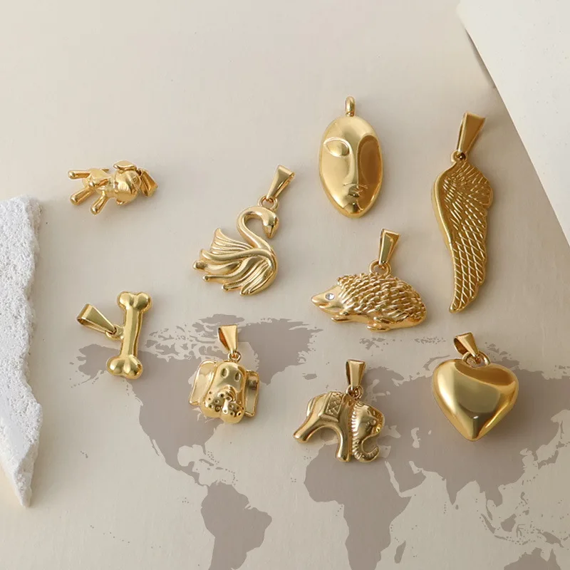 Gold Stainless Steel Cute Pendant Dog Elephant Hedgehog Love Bone Wings fashion jewelry pendants charms for jewelry making