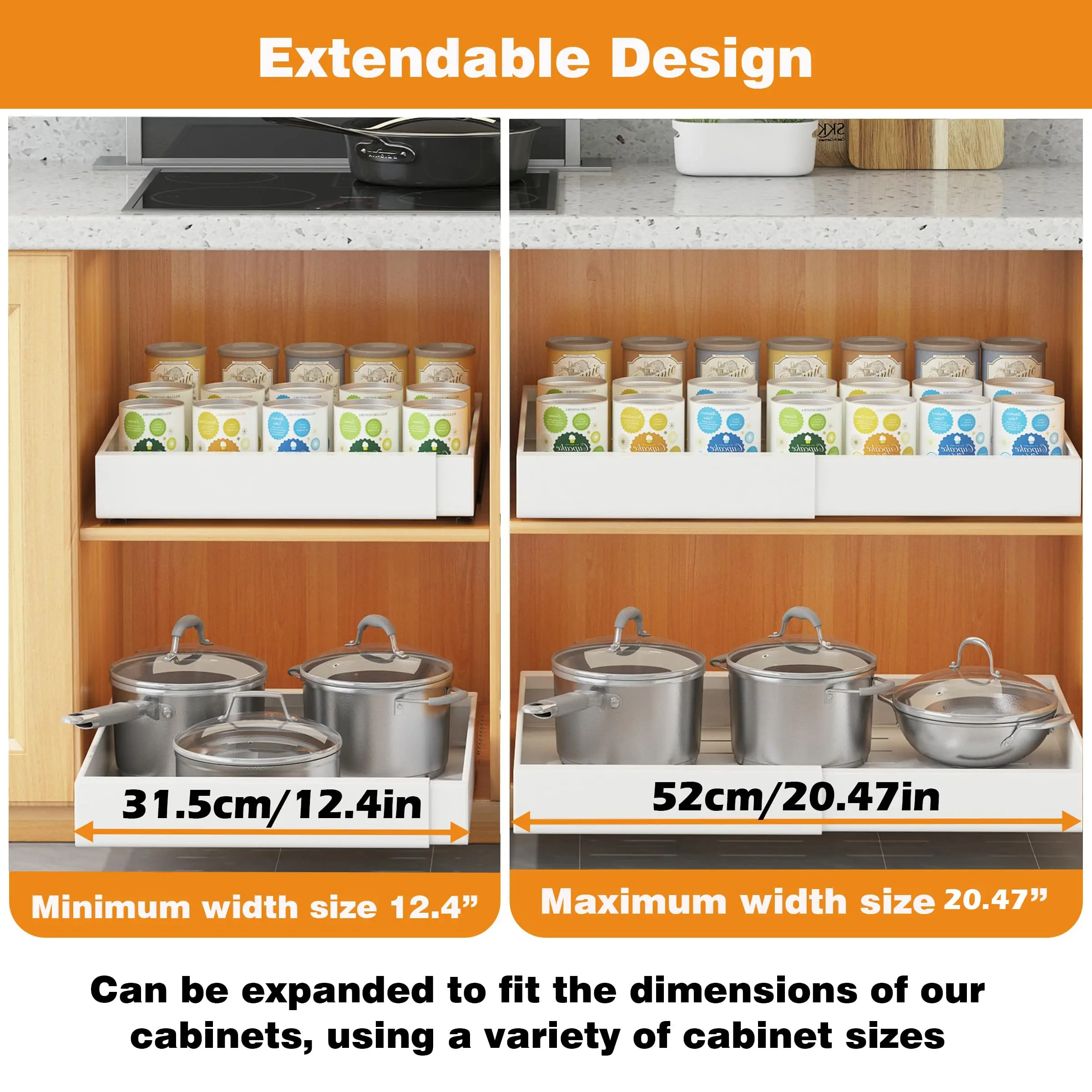 Factory patented 1-piece pull-out cabinet storage box Retractable sliding shelving without drilling kitchen storage shelves