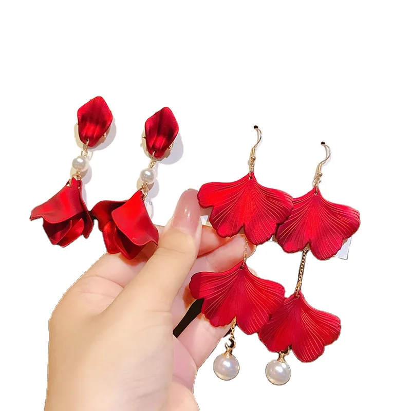 
s925 silver needle sexy red rose petal earrings 2021 new earrings long stud earrings jewelry women 