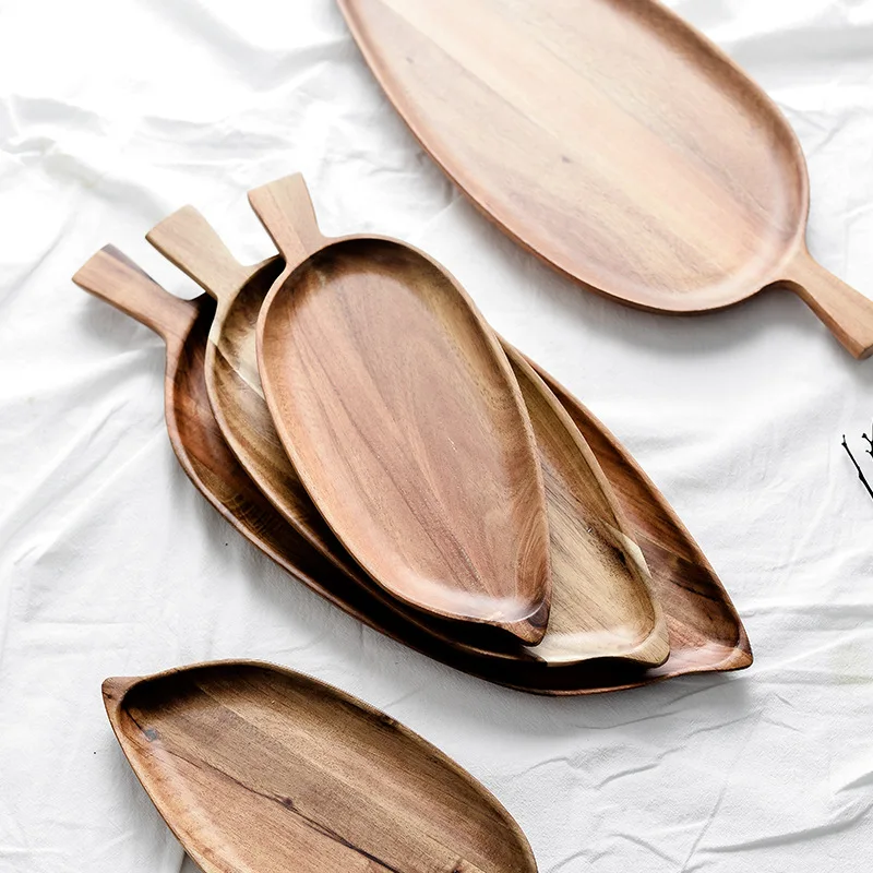 Acacia Wood Tray Creative Leaf Shaped Plate Wood Plate for Snack Fruit Bread Cake Dessert Plates for Home & Bathroom Decor