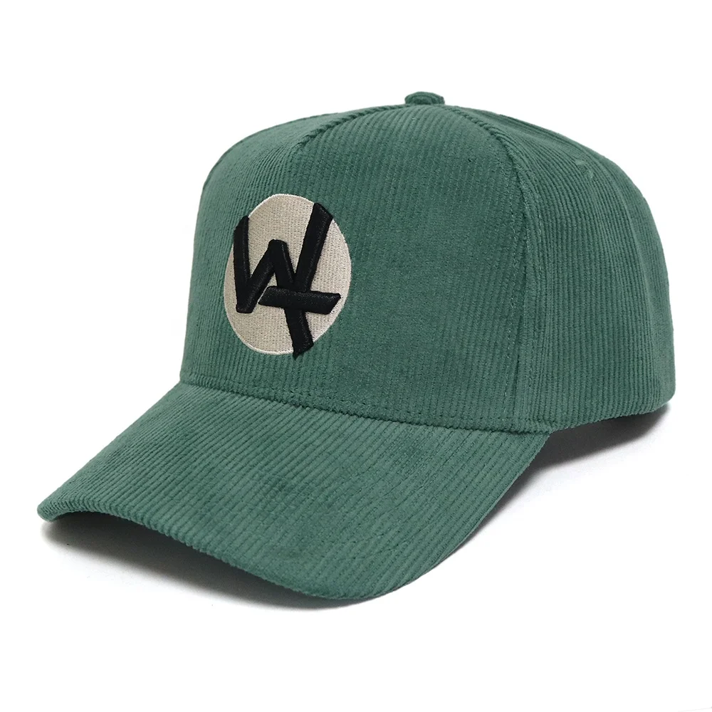 Custom Made Direct Factory 5 Panel Baseball Cap Green Corduroy Hat With 3D Puff Embroidery Logo Cotton Sweatband Winter Caps