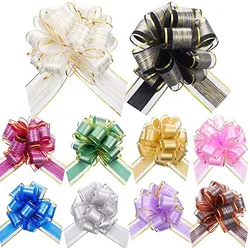 metallic colour christmas gift flower organza  Pom Pom Fabric Snow ribbon pull bow for gifts party wrapping
