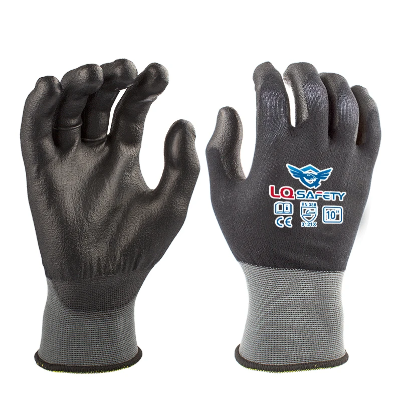 15 Gauge Nylon Spandex PU Coated Dipped Safety Hand Protective Gloves Black Pu Coated Glove For Labor Hand Protective