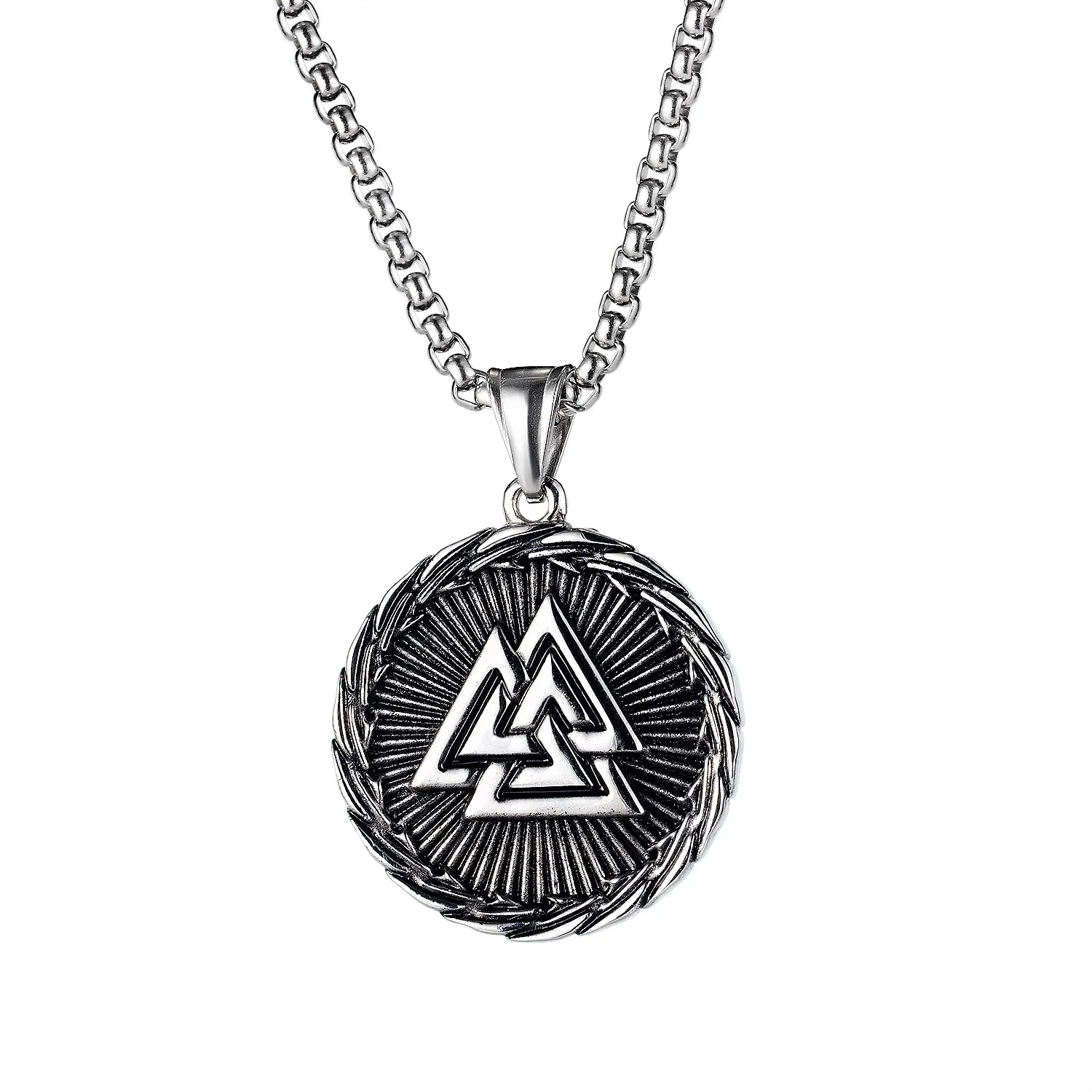 Custom Ancient Silver Amulet Norse Viking Vegvisir Retro Triangular Rune Pendant Necklace for Men