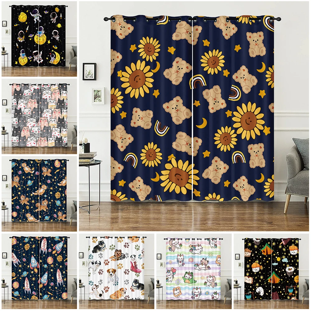 Cartoon Lovely Bear Moon Window Curtains for Baby Room Bedroom Decorations with Fabric Machine Washable Curtain