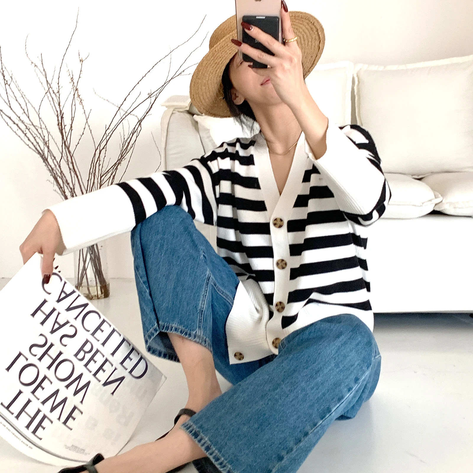 Knitted Cardigan Knit Sweater Custom for Women Stripe Knit Long Sleeve Button Front Cardigan Sweater Vintage Oversized Cardigan