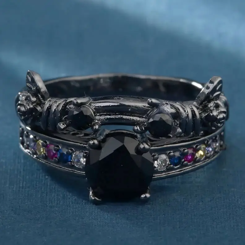 Fashion Jewelry Multiple Diamonds Black Gold Colored Zircon Wedding Ring Set