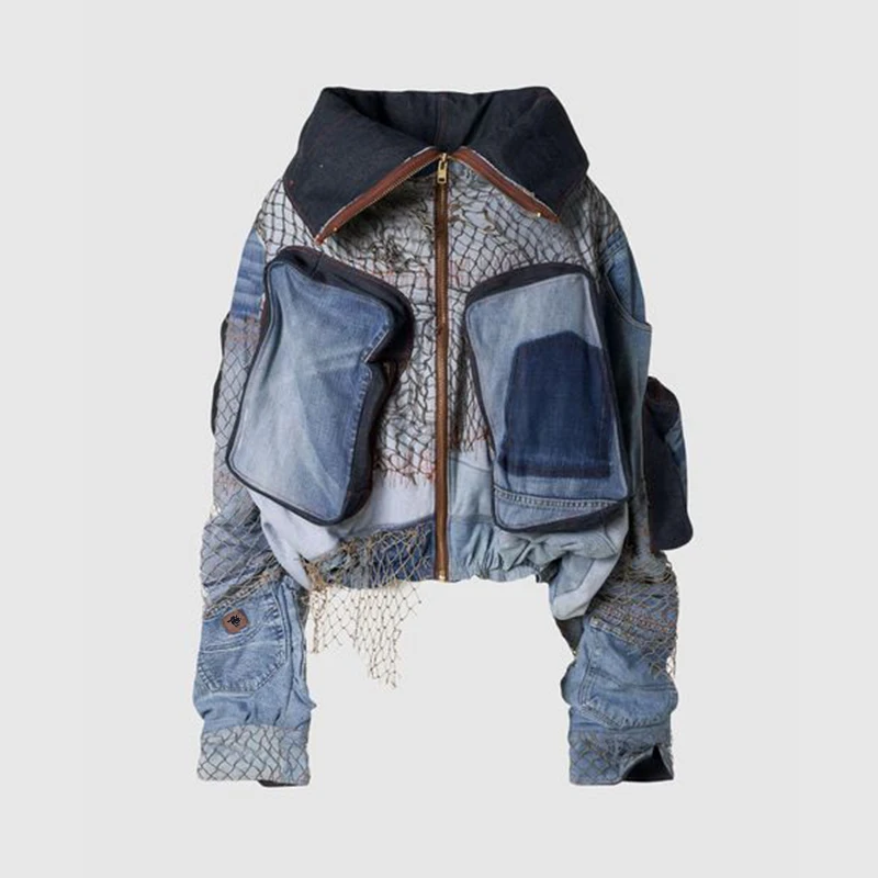 DIZNEW Jeans Jacket Custom Design with logo New fashion trend Large pocket mesh lapel denim jacket for men and women