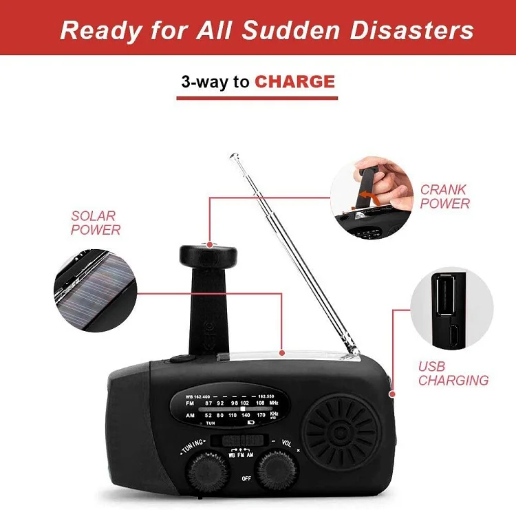 Portable 2000mAh Rechargeable Batteries Emergency Hand Crank Self Powered AM/FM NOAA Solar Weather Radio with LED Flashlight