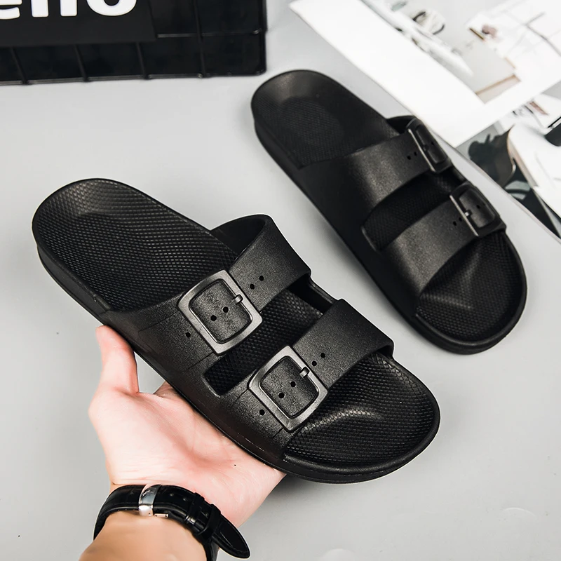 Luxury Designer Black Sandals for Men Custom Office Flat Straps Soft Comfortable Air Leather Clogs for Outdoor Use Cheap Branded