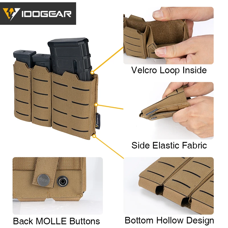 IDOGEAR Laser Cutting 500D NylonTriple Mag Pouch Tactical Pouch Open Top MOLLE Magazine Pouch for 5.56mm 9mm Mags