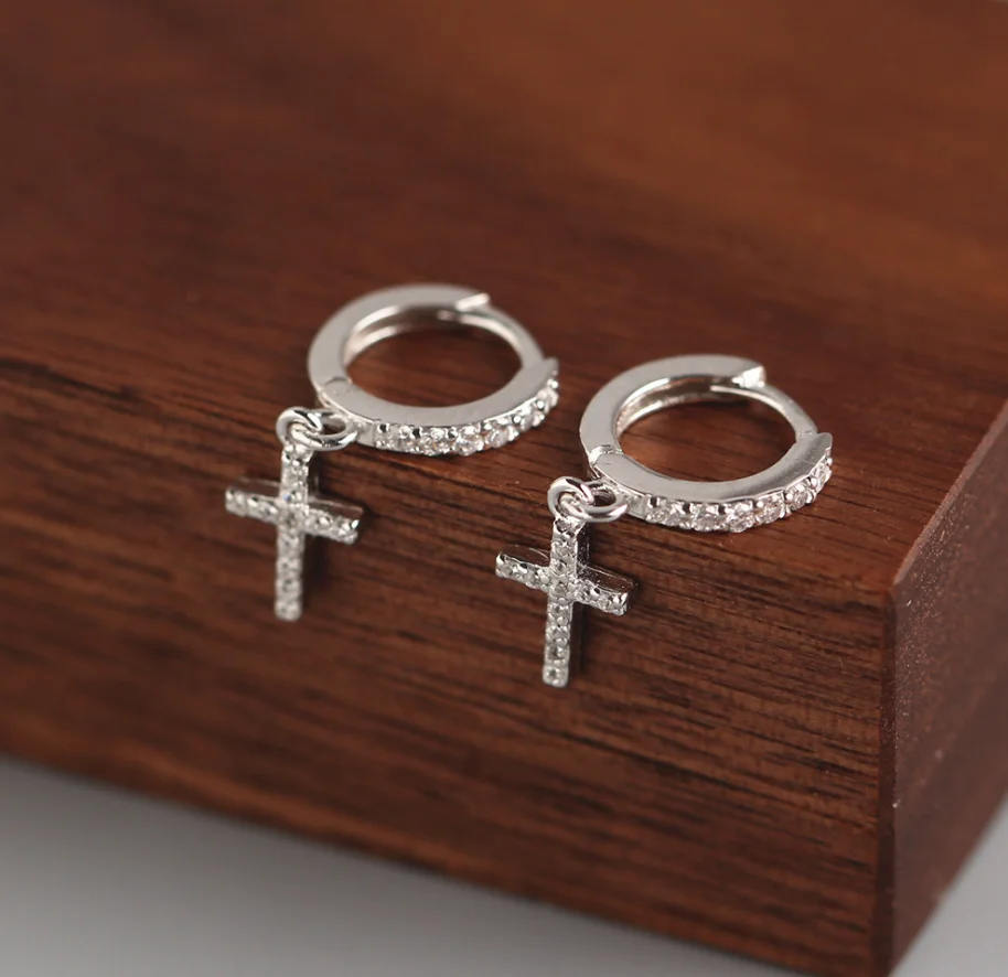 Wholesale 925 Sterling Silver Women Dainty Cross Hoop Earrings Gold Plated CZ Stone Diamond Pave Earrings Cross