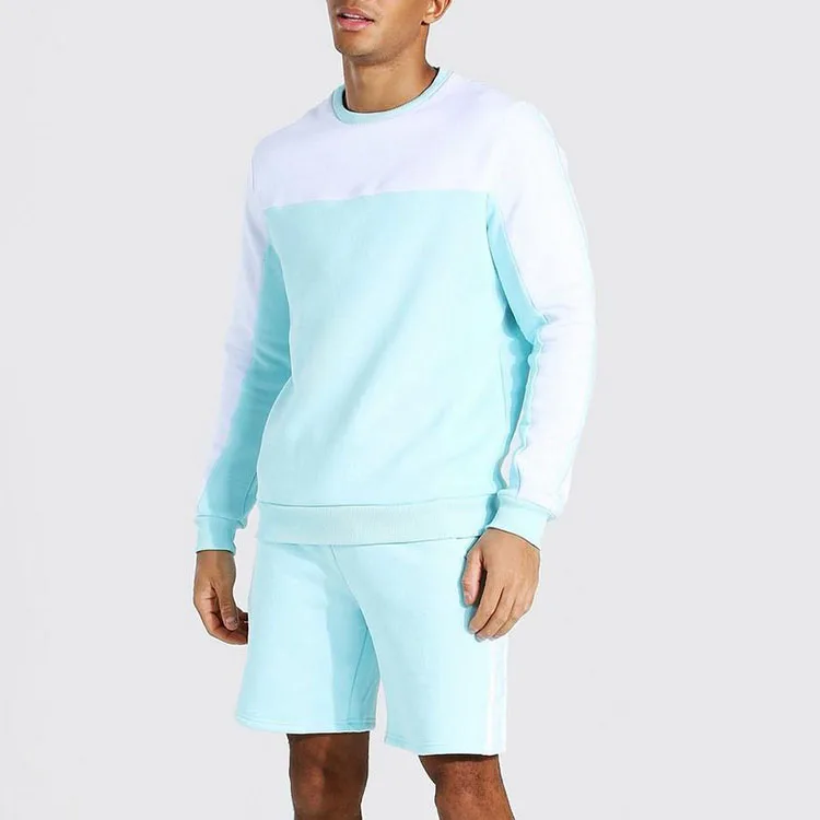Pro Maker Custom Shorts 2 Piece Matching Sweatsuit Man Tape Colour Block Ribbed Trim Round Neck Sweater Set Tracksuit Fitness