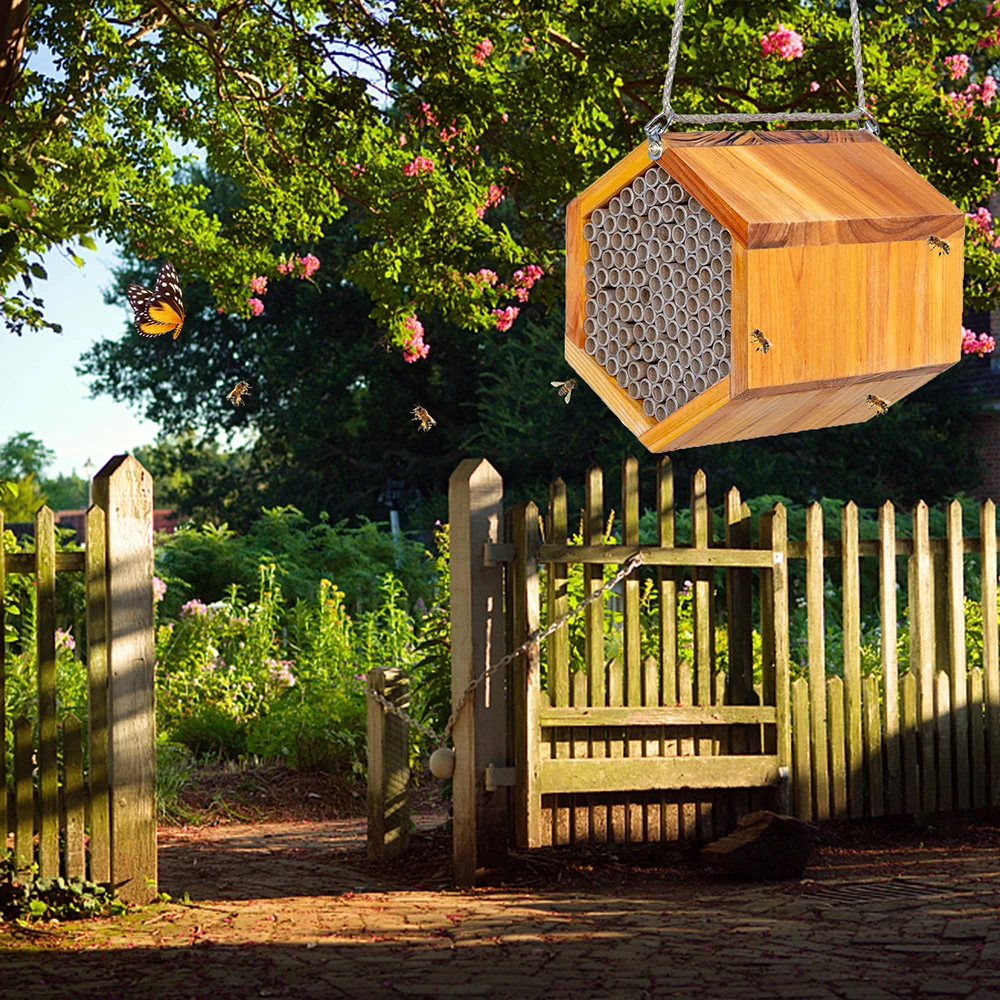 Garden Decoration Handmade Natural  Bee Hive Attracts Mason Bee Pollinators Insect Nest Box House Wooden Mason Bee House