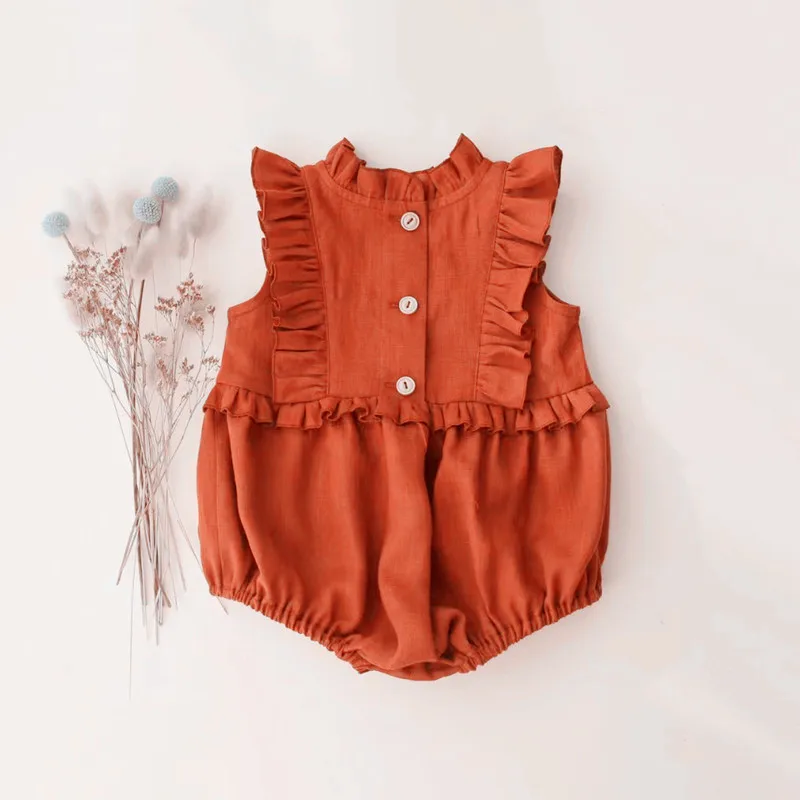 2023 Summer Linen Cotton Newborn Baby Girl Sleeves Ruffles Romper Suits