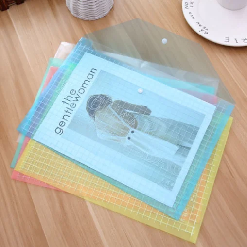 office stationery  PVC transparent envelop A4 files folder with button material bag grid shape wholesale letter posters folder
