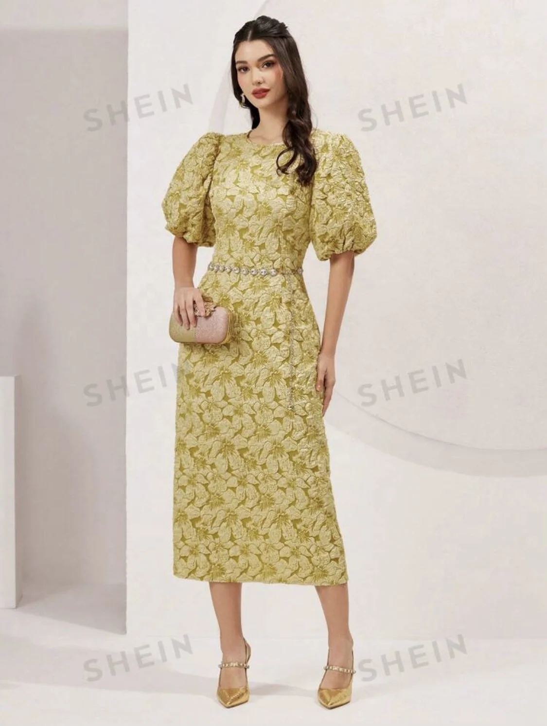 Woven 100%Polyester Dimensional Elastic Jacquard Textile Fabric For Making Women Puff Sleeve Round Neck Dress Garment Clothings