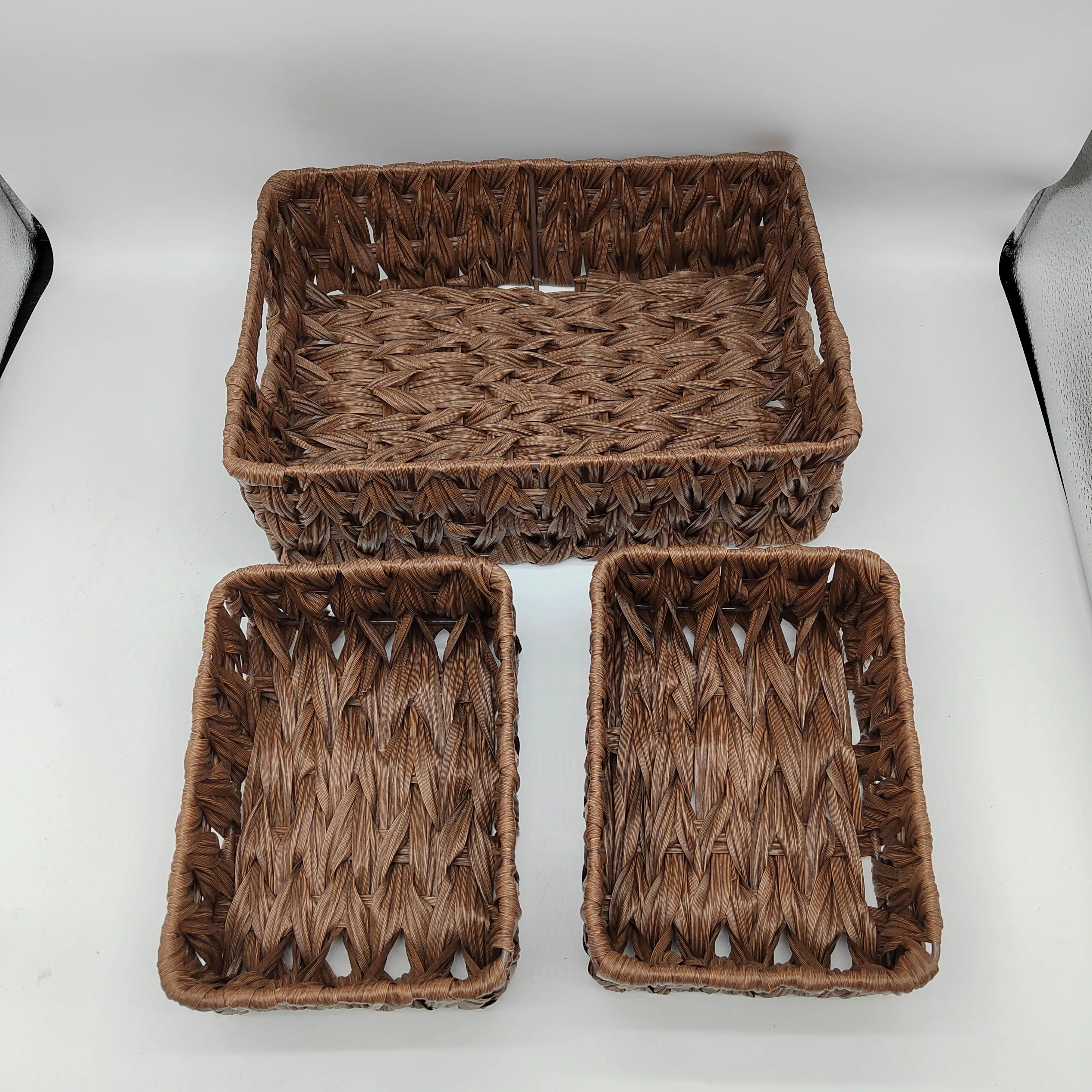 Pack of 3 Wicker Baskets for Storage, 1 Large Wicker Storage Box and 2 Small Wicker Baskets Waterproof, Bathroom Counter Storage