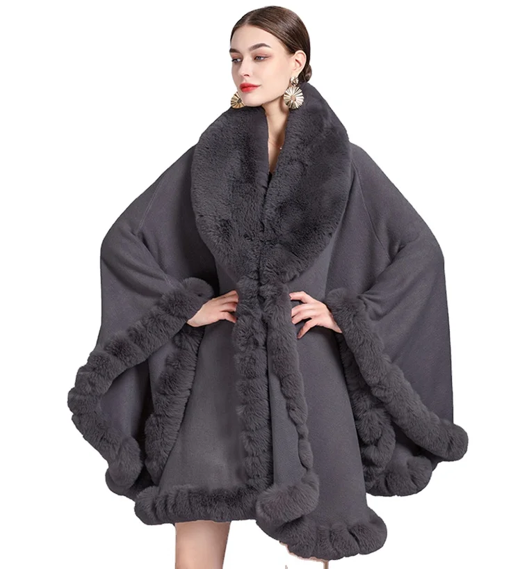 Winter Women Rabbit Fur knitted cardigan Warm Loose Faux Fur Shawl with Fur Trim