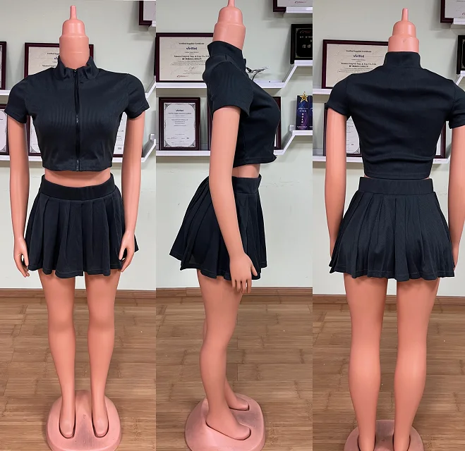 2024 Summersets for women  2 Piece Skirt Set Party Club Outfits Zipper Top coat Mini Pleated Skirt Patchwork women clothes set