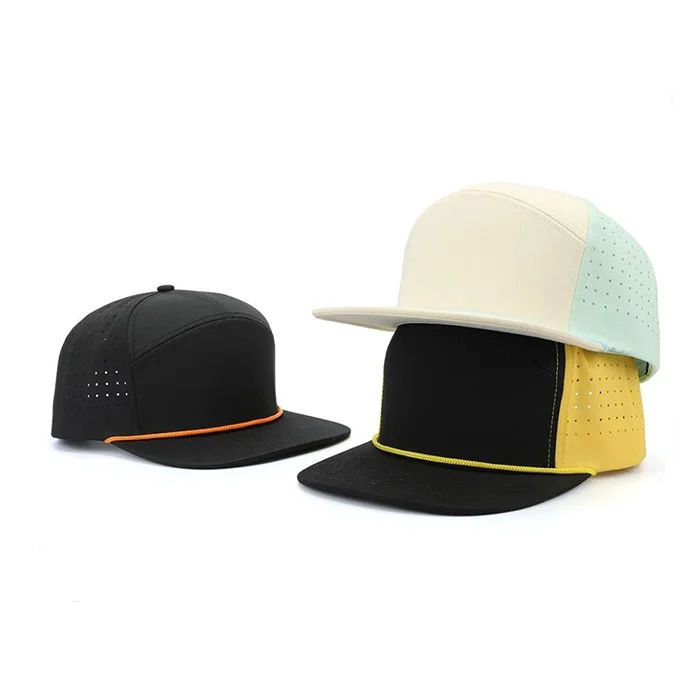 Изготовленный на заказ 7 панелей резиновый ПВХ логотип шнур Snapback колпачок Водонепроницаемая лазерная резка просверленная перфорированная плоская кепка
