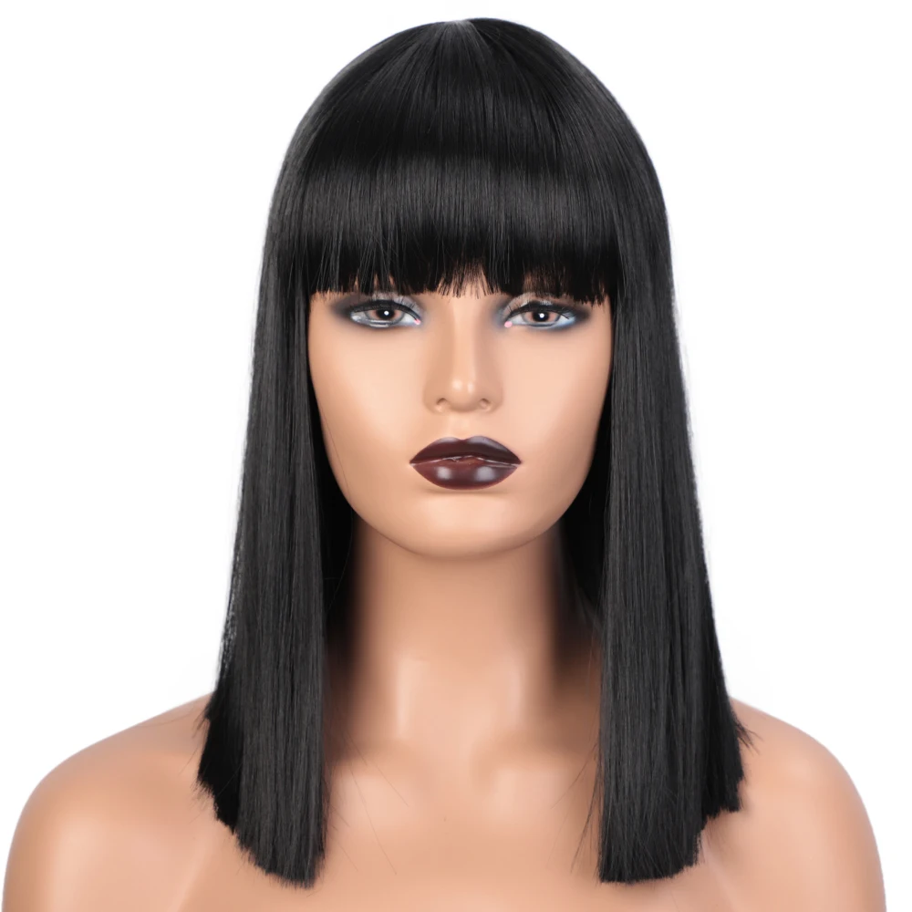 Cleopatra 15 Inch Wholesale Cheap Vendor Medical Heat Resistant Short Bob Straight with bangs For Black Women Synthetic Hair