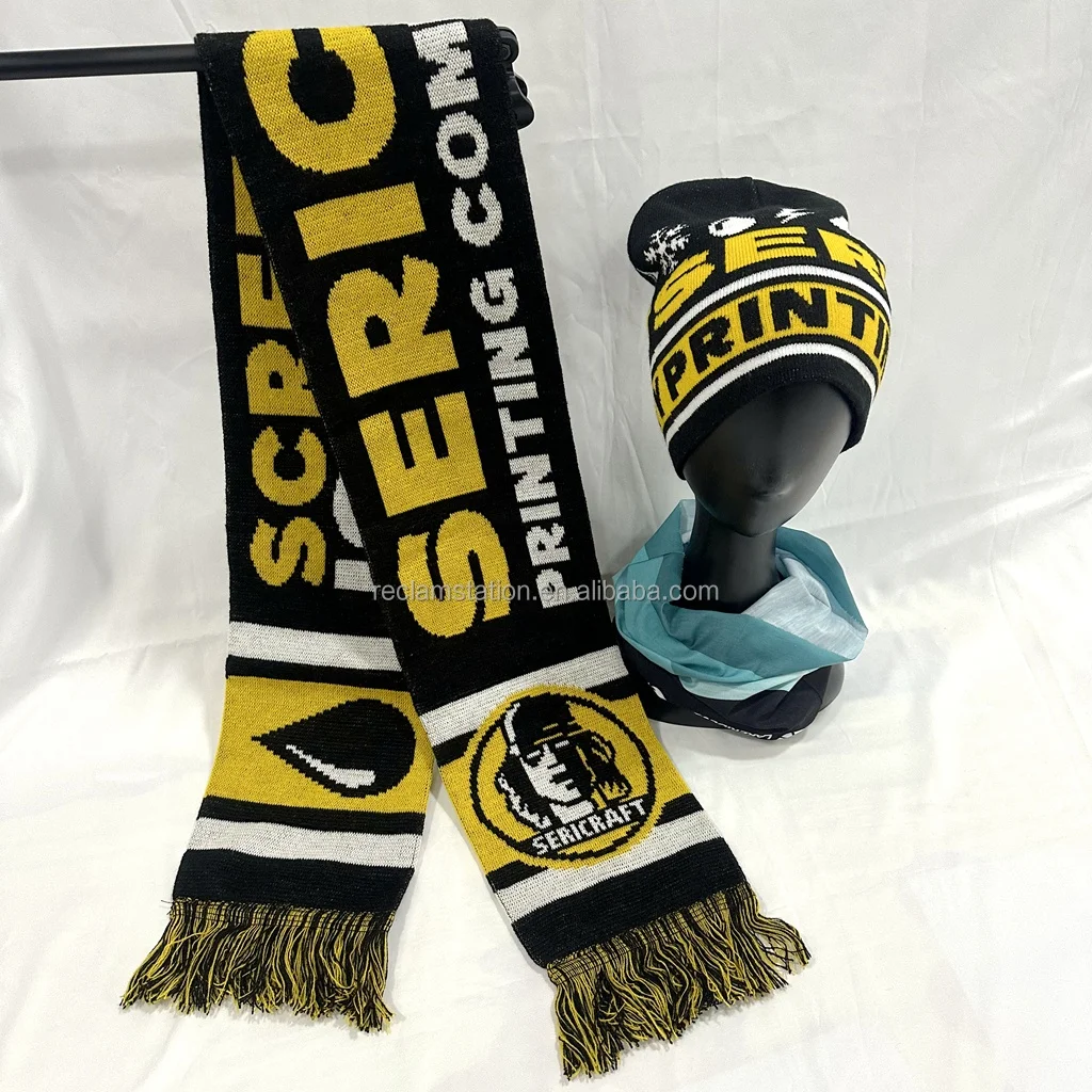 Weather forecast company emblem and character avatar knitted jacquard acrylic beanie hat and muffler  scarf