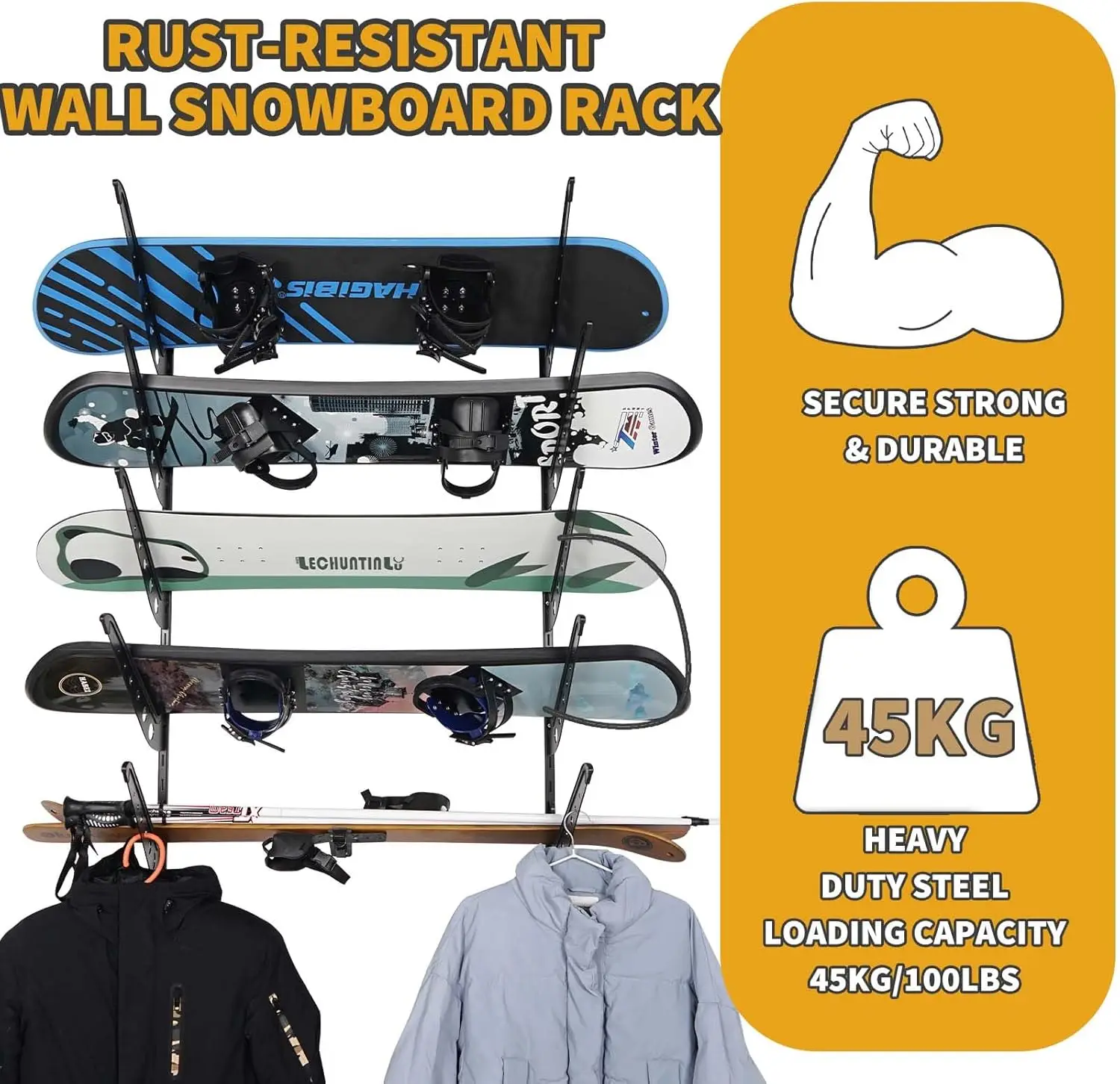 Adjustable Storage Rack for Ski Surfboard Wakeboard Snowboard-Black Wall Mount Display 5 Board Capacity