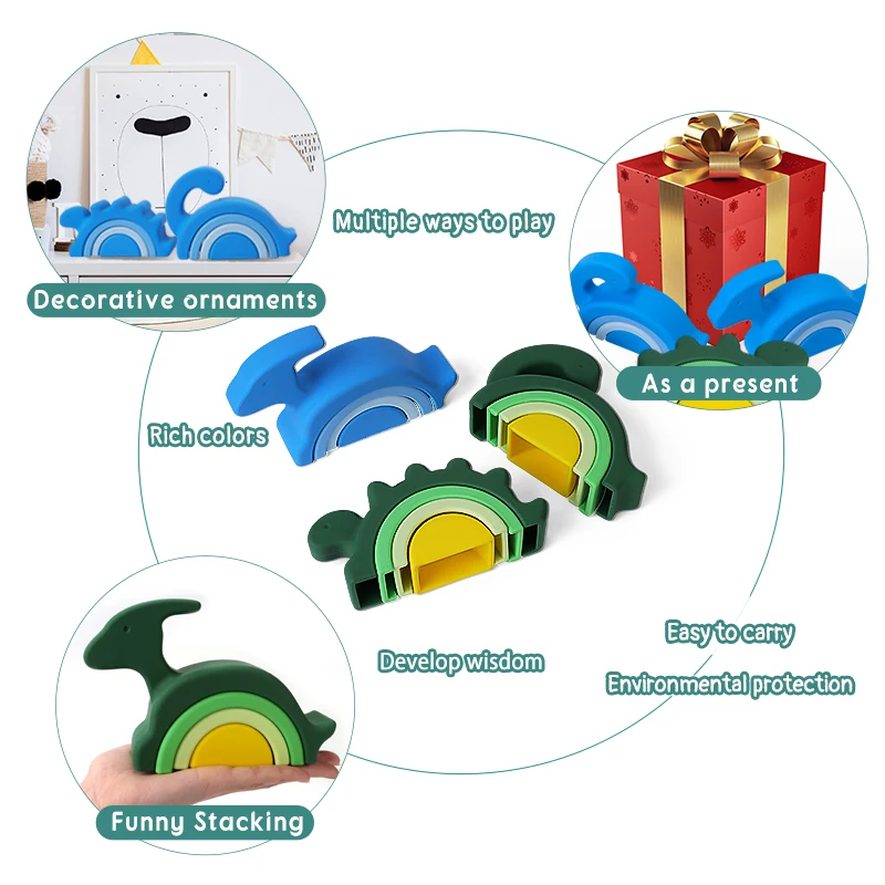 New Design Toddler Silicone Stacking Toys Dinosaur Shape Educational Stacker Custom Logo Package Toy Stacking Block Sets