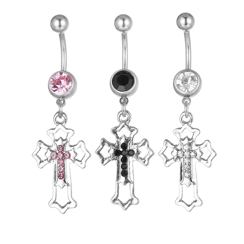 Hot Selling Custom Alloy Umbilical Nail Colorful Inset Diamond Cross Pendant Navel Buckle Ring Piercing Jewelry