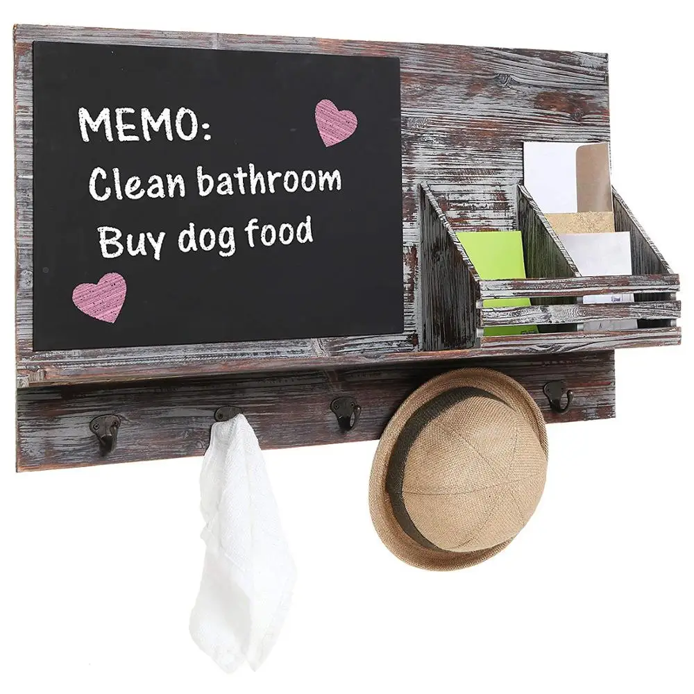 
Rustic Grey Wood Wall-Mounted Mail Sorter Rack with 5 Key Hooks Black Chalkboard 