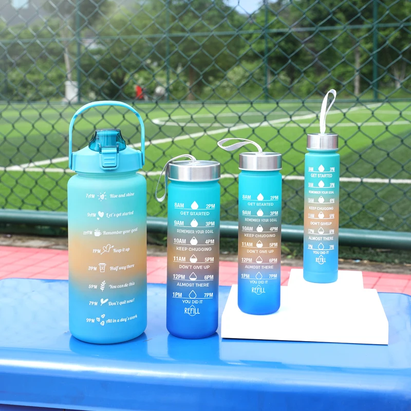 4 Pcs In 1 2L Direct Drinking Plastic Sport Fitness Motivational Water Bottles With Straw And Handgrip Children Cute DIY sticker