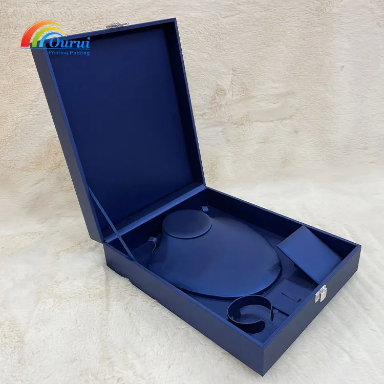 OEM new design luxury high quality brushed leather box hot sale custom logo blue pu leather box ring necklace bangle boxes set