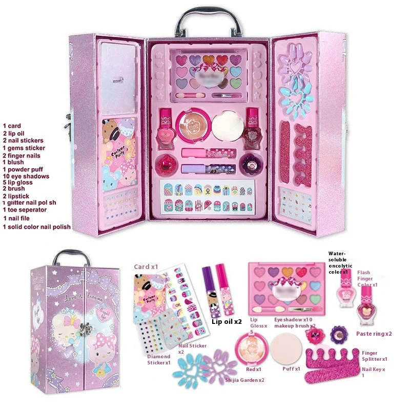 Multi size Fashion Girl Portable Suitcase Princess Washable Cosmetic Kit Baby makeup box kids toy Makeup For Girls