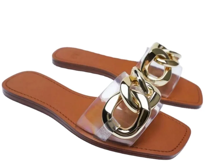 New 2023Summer Women Flat Sandals Green Metal Chain Slippers Slip On Sandals Slides Peep Toe Beach Shoes Comfortable Flats