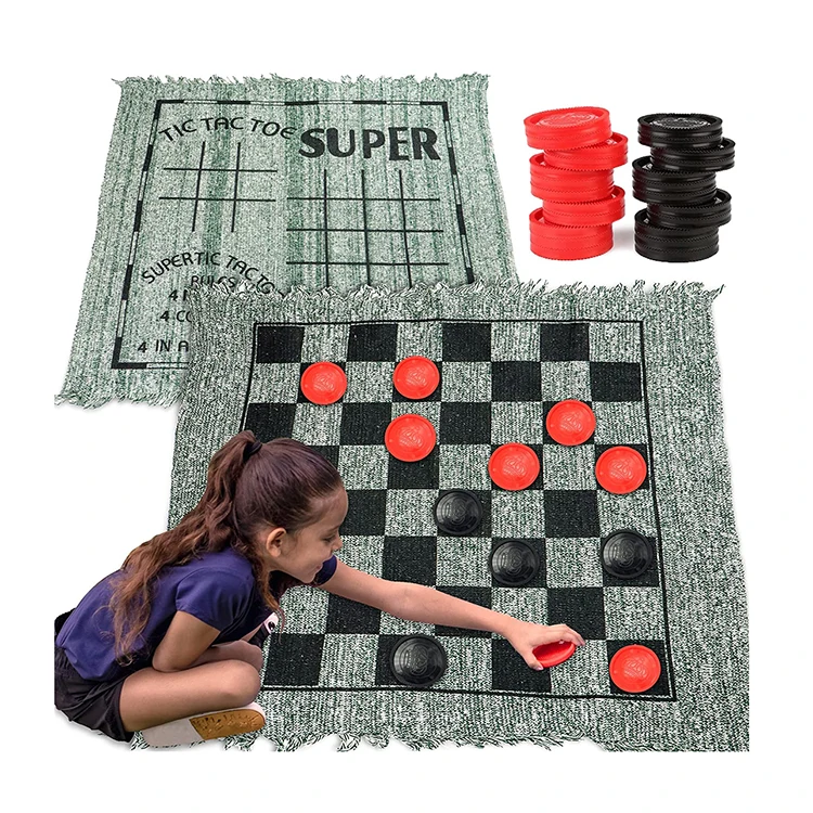 Vintage Checkers and Tic Tac Toe Game with Reversible Mat Family Classic Giant Checkers Board Game