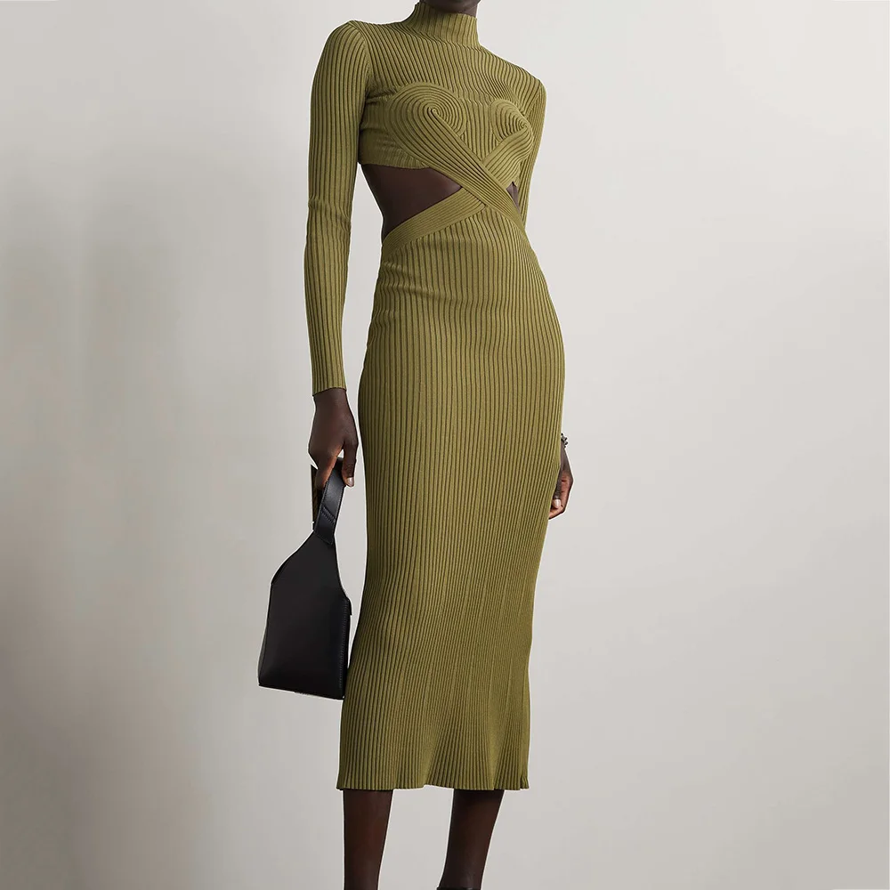 Custom knitwear mufacturers women knitted dresses cutout long sleeve ribbed knit midi sweater dress clothing