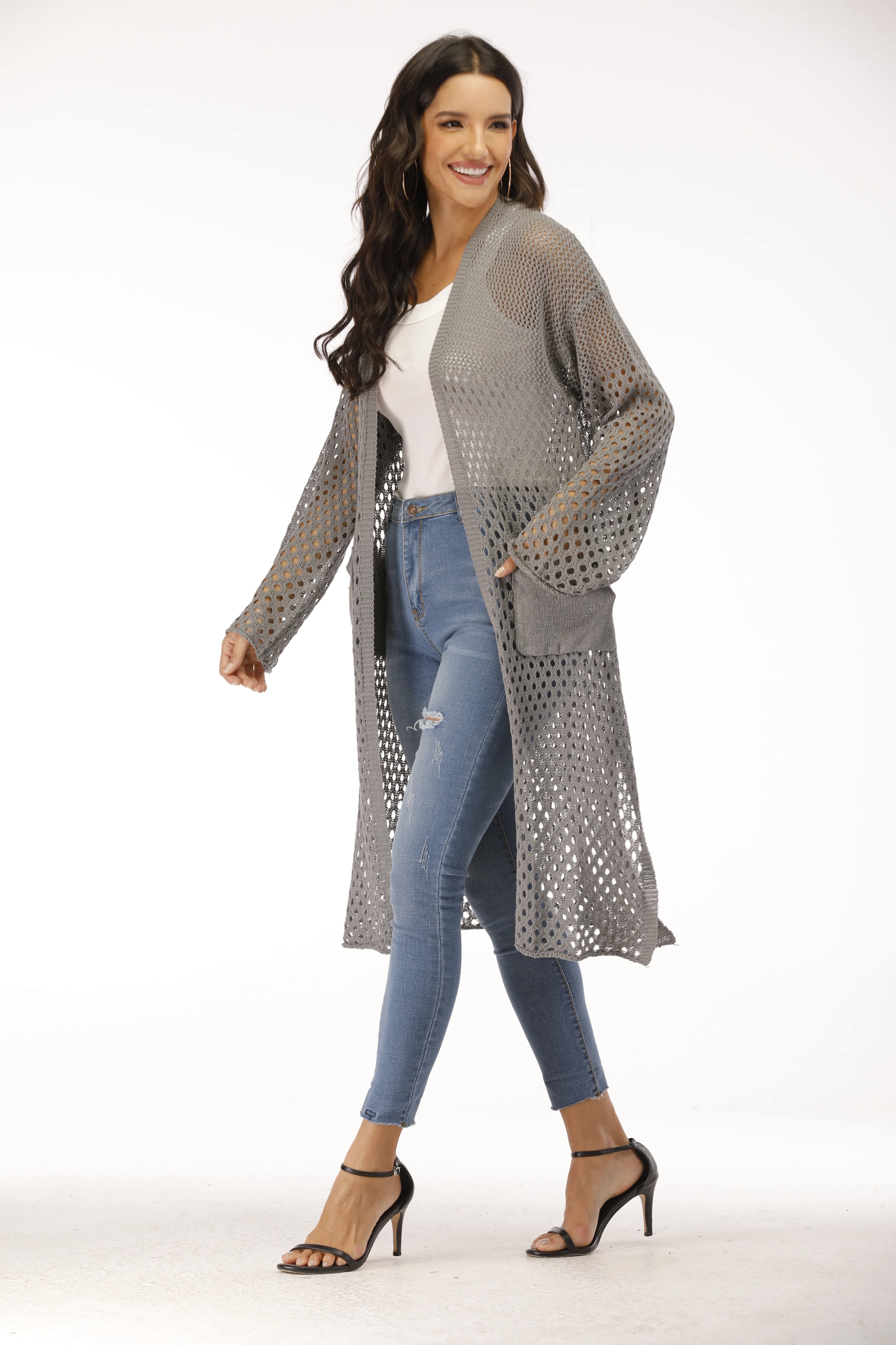 Оптовая Продажа с фабрики новое летнее женское вязаное пальто длинными рукавами и карманами длинное пальто-кардиган