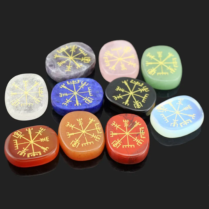 Viking Mars Rune Healing Crystals Rune Palm Stone Rose Quartz Carving Vegvisir Symbol Rune