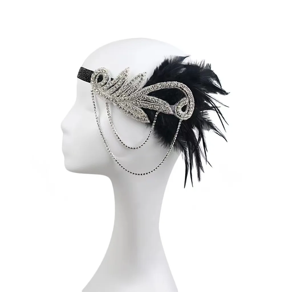 Women Headband Headpiece Flapper Headband 1920s Great Gatsby Headdress Inspired Leaf Medallion Pearl Headband Black Feather